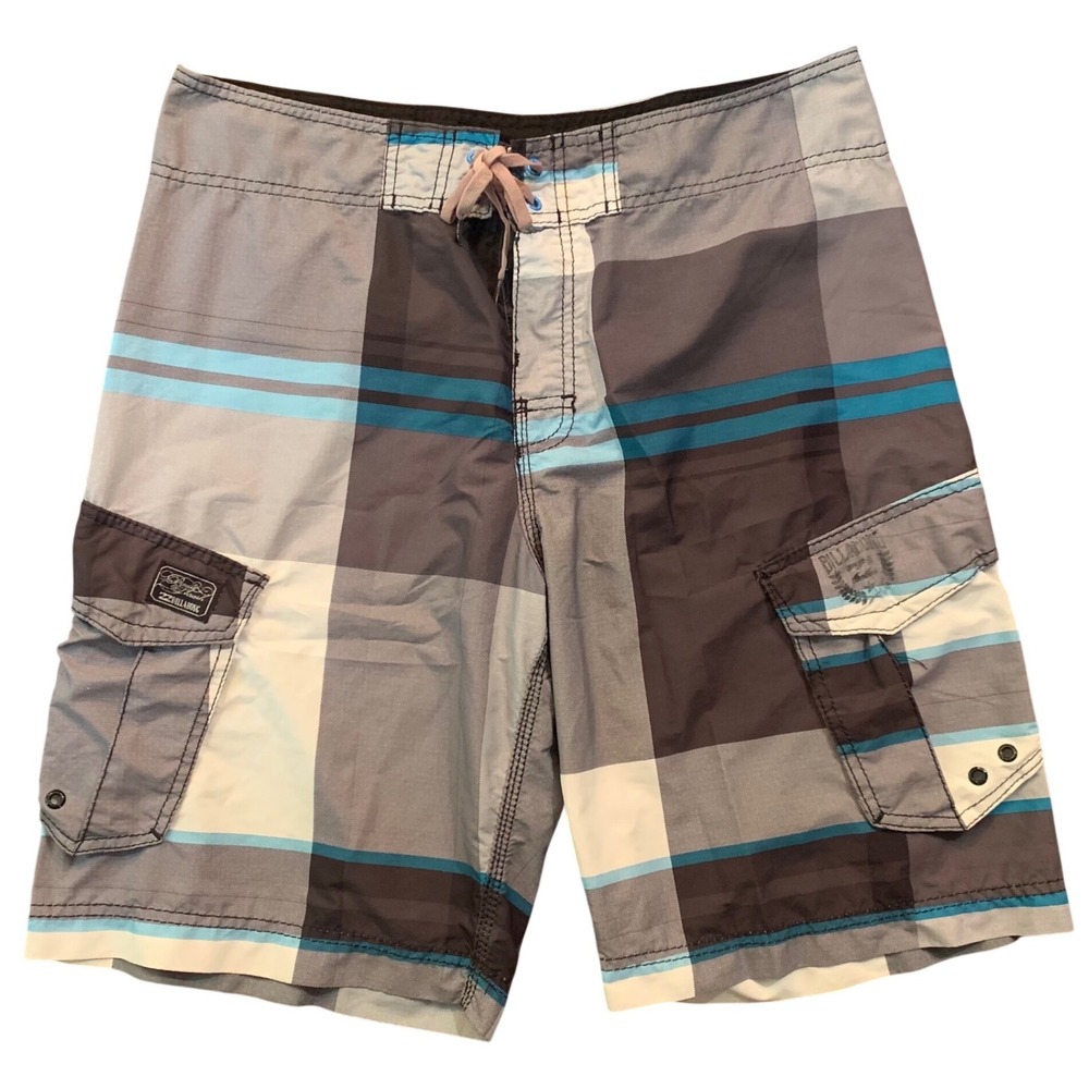 Billabong Mens Plaid Board Shorts Blue Grey Cargo Swim Trunks Size 34 M115KMEA